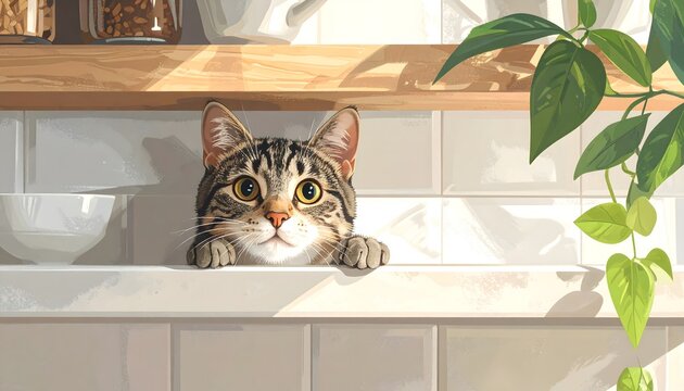 Gato atigrado asom&aacute;ndose detr&aacute;s de una repisa blanca junto a una planta de interior