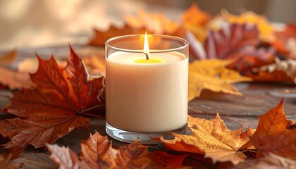 Vela encendida en vaso de cristal rodeada de hojas secas de otoño sobre una mesa de madera © EBG Stock Studio