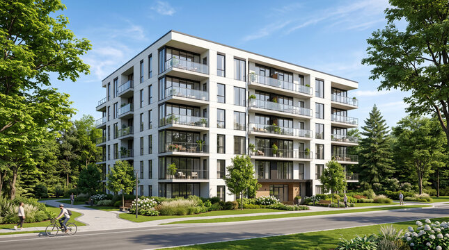Modern residential building with sleek architecture surrounded by lush greenery and pathways, creating a vibrant community atmosphere.