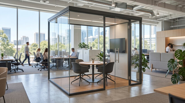Contemporary office space featuring a glass-walled meeting room with modern furnishings and a vibrant urban backdrop.