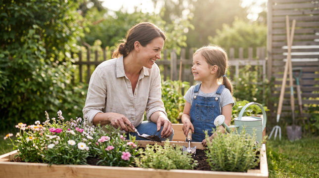 A joyful Caucasian woman and her young daughter planting flowers in a garden box, sharing smiles in the warm sunlight.