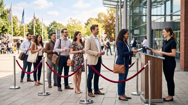 A diverse group of young adults waiting in line at an event registration desk on a sunny day.