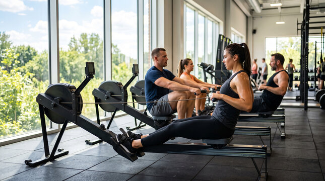A diverse group of individuals engaging in rowing exercises at a modern gym with large windows overlooking greenery.
