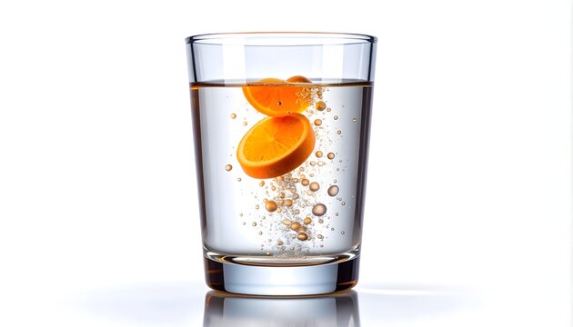 Comprimido efervescente naranja disolvi&eacute;ndose en un vaso de agua con burbujas sobre fondo blanco