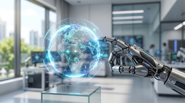 A futuristic robot hand reaching out to a holographic globe, symbolizing technology's impact on global connectivity.