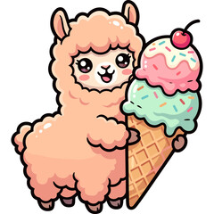 Naklejka premium Cute Kawaii Cartoon Llama Holding a Large Three Scoop Ice Cream Cone with Cherry Topping, Sweet Animal Illustration