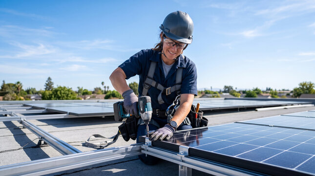 A young Hispanic female technician installs solar panels on a rooftop under a clear blue sky.