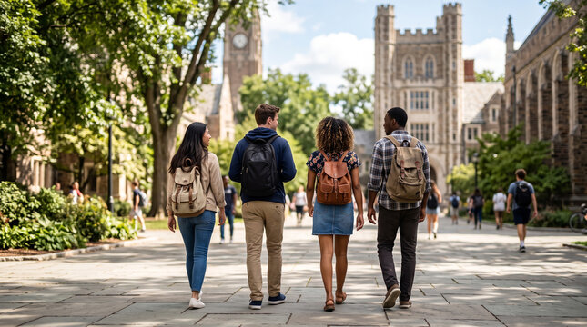 A diverse group of college students walking together on campus, enjoying a sunny day amid historic architecture and greenery.