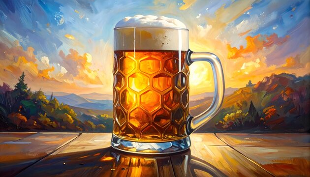 Jarra de cerveza &aacute;mbar con espuma sobre una mesa de madera frente a un paisaje art&iacute;stico iluminado al atardecer