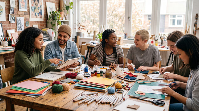A diverse group of young artists, engaged in creative activities in a bright, cozy studio filled with art supplies.