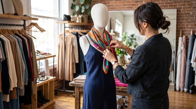 A female stylist adjusts a vibrant scarf on a mannequin in a stylish boutique setting.