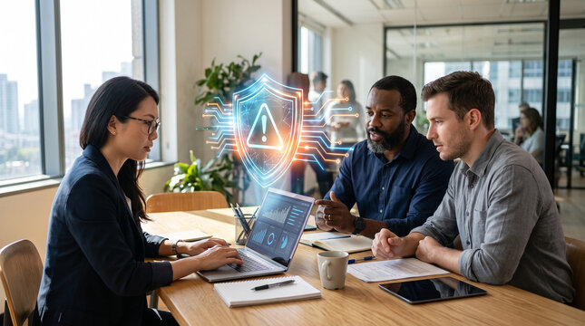 A focused Asian woman collaborates with two men discussing cybersecurity strategies in a modern office setting.