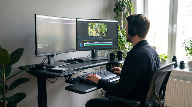 A young Caucasian male focused on video editing at a dual-monitor setup in a bright, modern workspace.