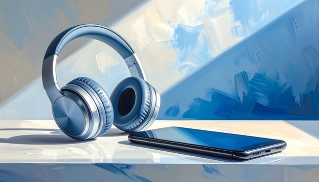 Auriculares inal&aacute;mbricos plateados junto a un tel&eacute;fono inteligente sobre una superficie reflectante con fondo art&iacute;stico azul