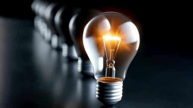 Glowing light bulb illuminating among unlit bulbs symbolizing innovation, creativity, leadership and bright business ideas