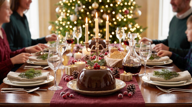 wedding reception at the restauraTraditional christmas pudding with chocolate ganache topping, decorated with holly berries and leaves, set against ant