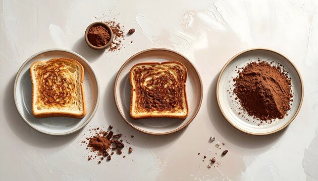 Tres platos con tostadas, crema de cacao y cacao en polvo vistos desde arriba sobre una mesa clara