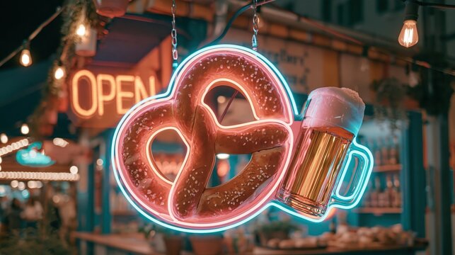 Illuminated neon sign of a Bavarian pretzel and beer mug hanging at an outdoor night market pub.
