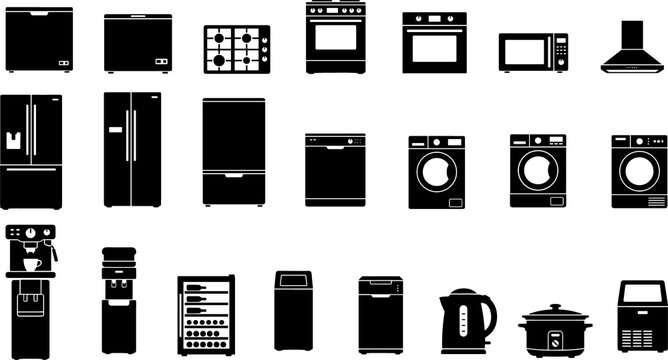 Modern kitchen electronics and white goods silhouettes for home appliance retail