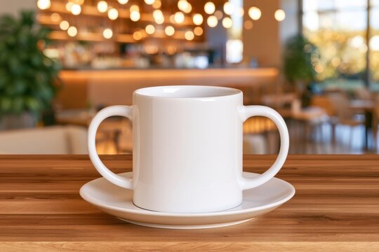 White ceramic mug with double handles on wooden table in cafe setting