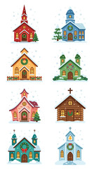 Naklejka premium Collection of Festive Christmas Churches in Snow
