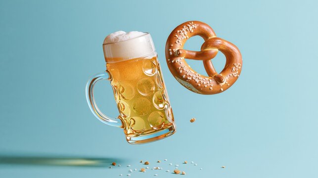 A traditional Oktoberfest glass beer mug and a salted pretzel floating elegantly with falling crumbs against a pastel blue background.