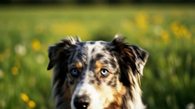 Happy Australian Shepherd Dog Panting in Sunny Meadow