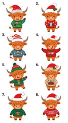 Naklejka premium Cute Highland Cow Christmas Illustrations Set