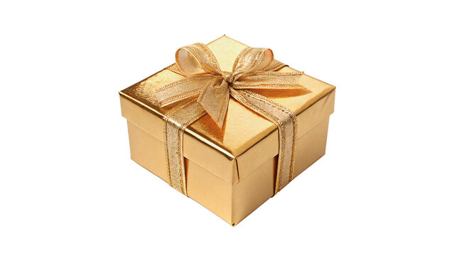 Luxury golden gift box with elegant gold ribbon bow isolated on transparent background cut out