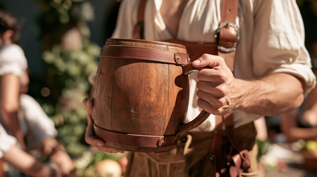Close-up of a man in traditional Bavarian lederhosen holding a large rustic wooden beer mug at an outdoor Oktoberfest festival.