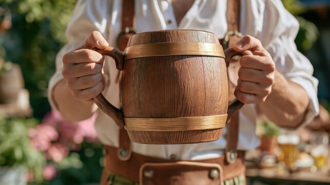 Close-up detail of a man in traditional Bavarian lederhosen holding a large empty wooden beer mug in a sunny outdoor beer garden.
