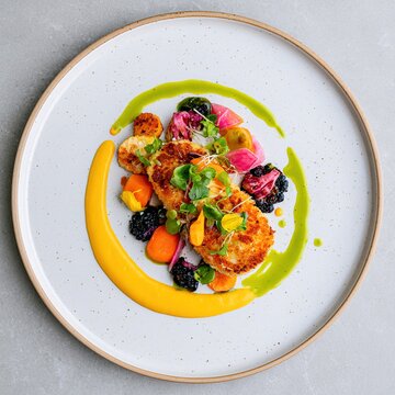 Gourmet breaded fish fillet served with vibrant vegetable and berry garnish