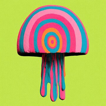 Vibrant psychedelic mushroom with dripping tentacles on a bright green background