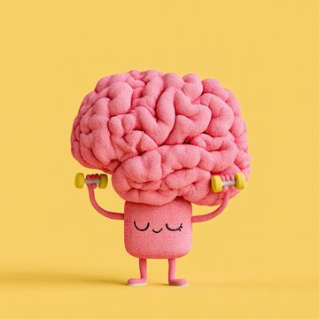 Cartoon brain character lifting weights to represent mental fitness and strength