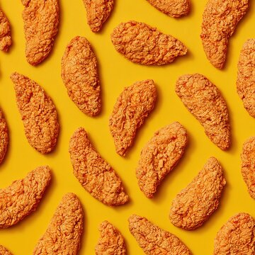 Crispy golden chicken tenders arranged in a repeating pattern on a vibrant yellow background