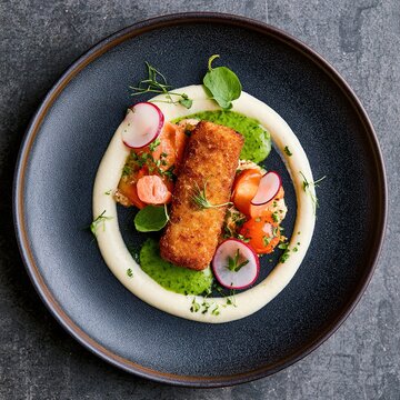 Gourmet fried fish fillet served with creamy puree and fresh garnishes