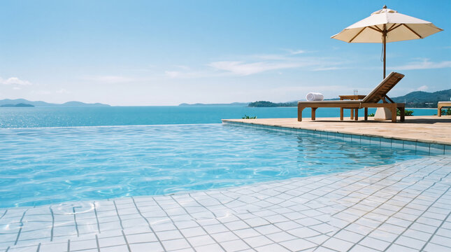 Luxury infinity swimming pool overlooking turquoise ocean with sun lounge deck chair and umbrella at tropical resort during sunny summer vacation