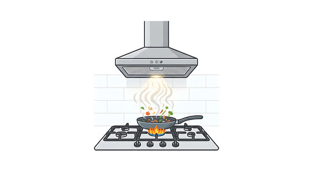 Modern kitchen stove top with stainless steel range hood exhaust system cooking fresh vegetables