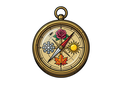 Detailed Vintage Brass Compass Design Showcasing A Rose, Snowflake, Sun, And Autumn Leaf Along With Intricate Bee And Ant Illustrations On Its Face In A Vector Illustration