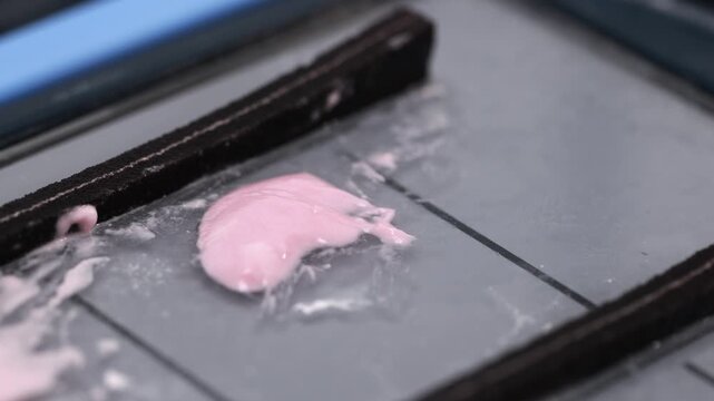 Close-up applicator brushing pale pink foam across wet gray tile with diagonal rail lines, shallow grout texture, soft diffused light, glossy reflections, and visible residue