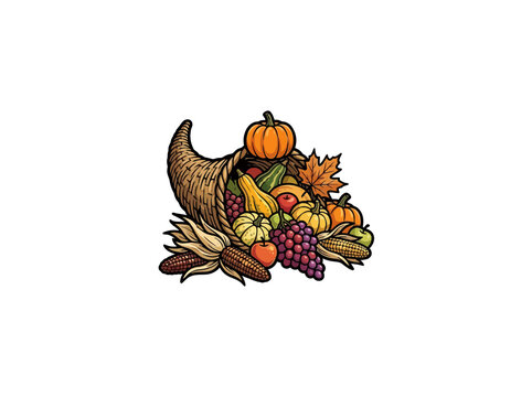 Bountiful Cornucopia Overflowing With Autumn Fruits And Vegetables Like Pumpkins, Grapes, Apples, Corn Cobs, Maple Leaves, Harvest Festival Vector Illustration