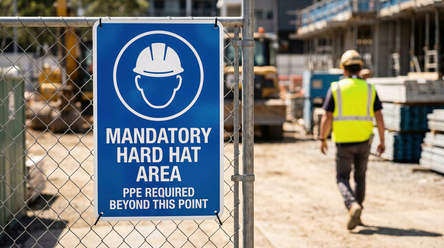Safety sign displaying mandatory hard hat area at construction site entrance, emphasizing workplace safety regulations.