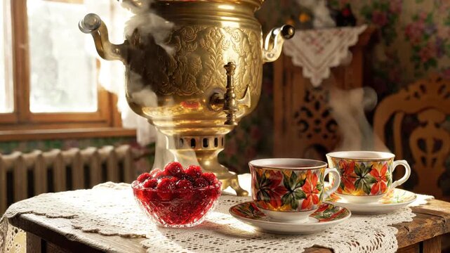 Traditional Russian Tea Setting with Samovar.