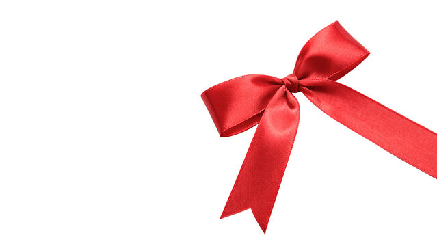Bright red satin fabric ribbon bow for decoration isolated on transparent background cut out