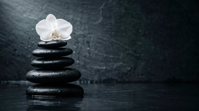 Zen stones stacked with white orchid flower on dark wet surface, symbolizing tranquility and spa wellness.