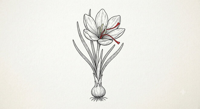 Saffron crocus flower botanical sketch line art with red 