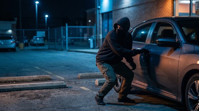 Masked Car Thief Attempting Vehicle Break In at Night in Parking Lot