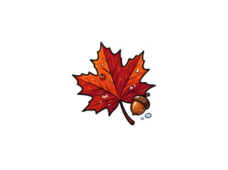 Fototapeta premium Representation Of A Vibrant Red Maple Leaf With A Ladybug Shiny Acorn And Sparkling Water Droplets On A White Background For Seasonal Use Vector Illustration