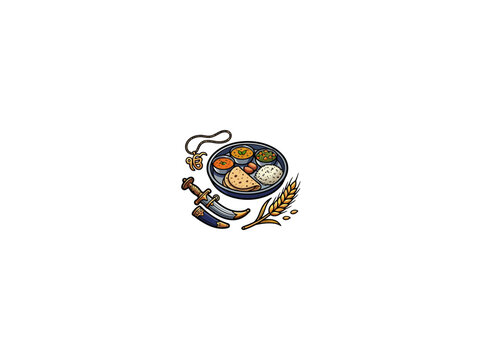 A Colorful Featuring A Sikh Langar Bowl Containing Curry Roti Rice A Ceremonial Kirpan Sword The Ik Onkar Symbol And Stalks Of Wheat Vector Illustration