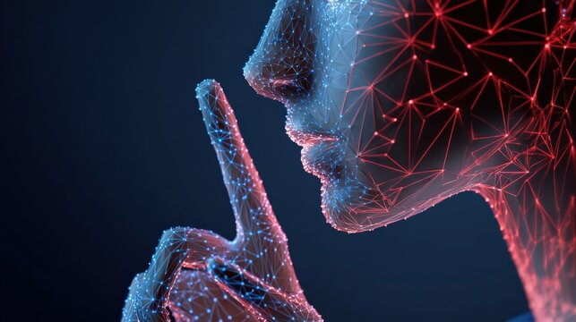 A futuristic digital human face conveys a message of silence and secrecy. ..Created with Generative AI, not depicting real subjects.